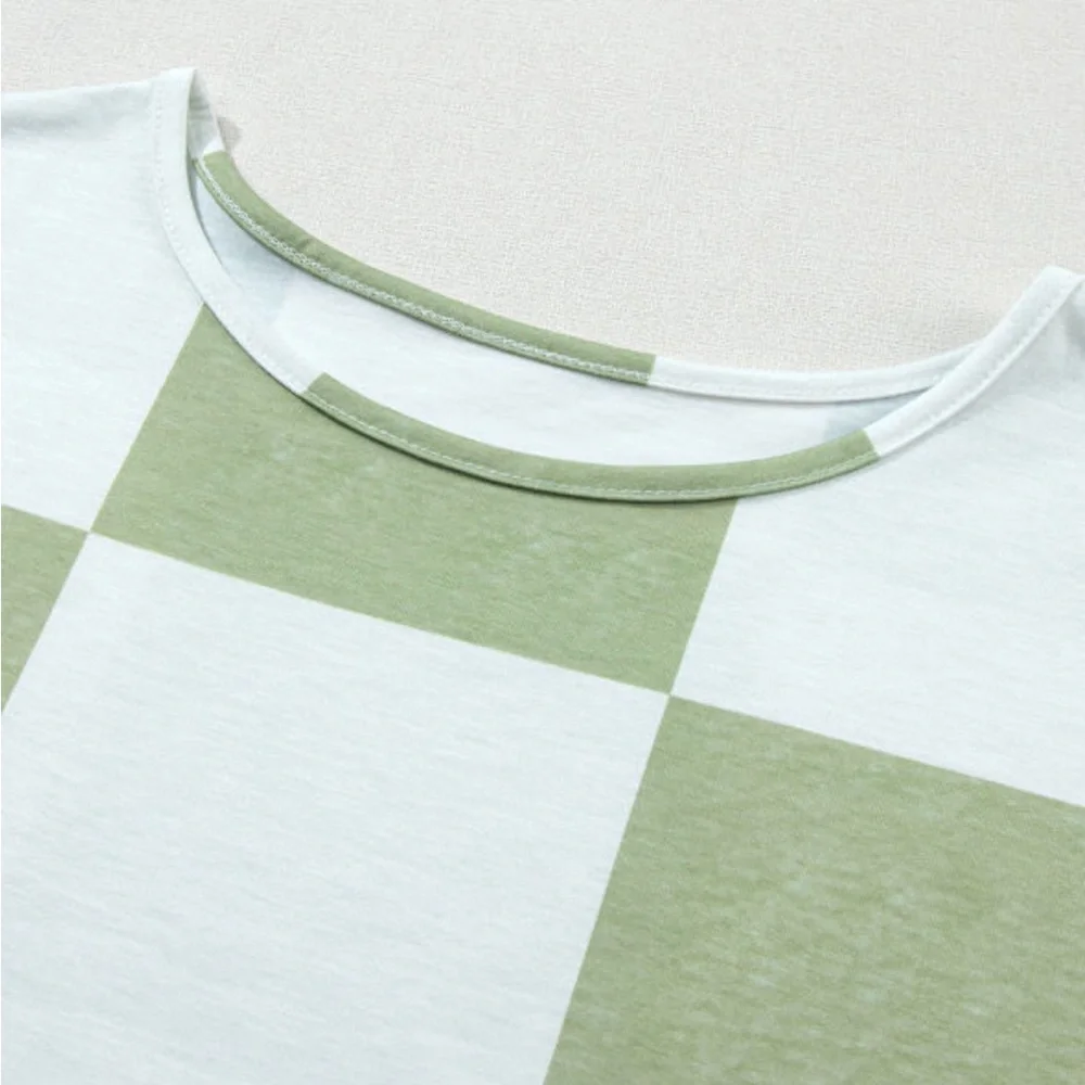 Kacie- green mix checkered print shirred cuffs blouse - Picture 4 of 5